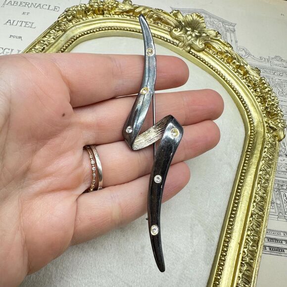 Vintage Contemporary Abstract Design Silver Tone Brooch Pin with Rhinestones - Picture 2 of 4